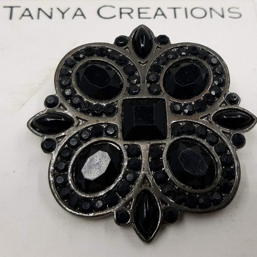 Vtg Tanya Creations Pin Boho Brooch Black Rhinesto